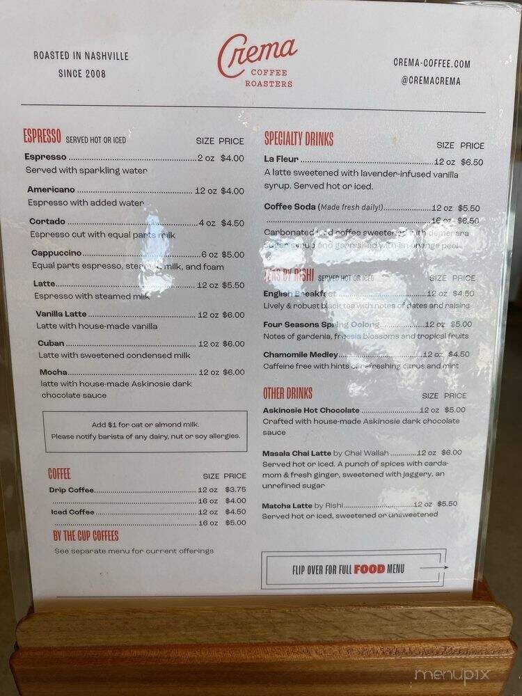 Crema Coffee Roasters - Brentwood, TN menu_pic