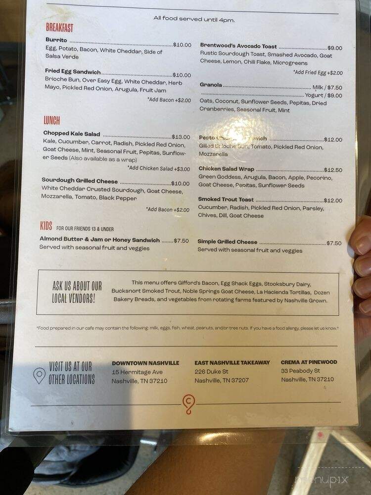 Crema Coffee Roasters - Brentwood, TN menu_pic