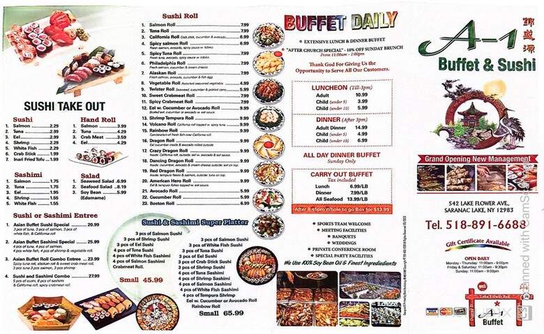 A-1 Buffet & Sushi - Saranac Lake, NY menu_pic