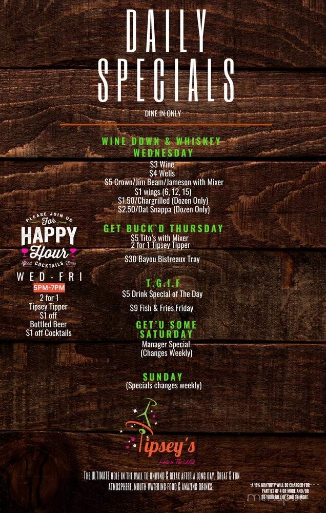 Tipsey's Hole in the Wall - Slidell, LA menu_pic