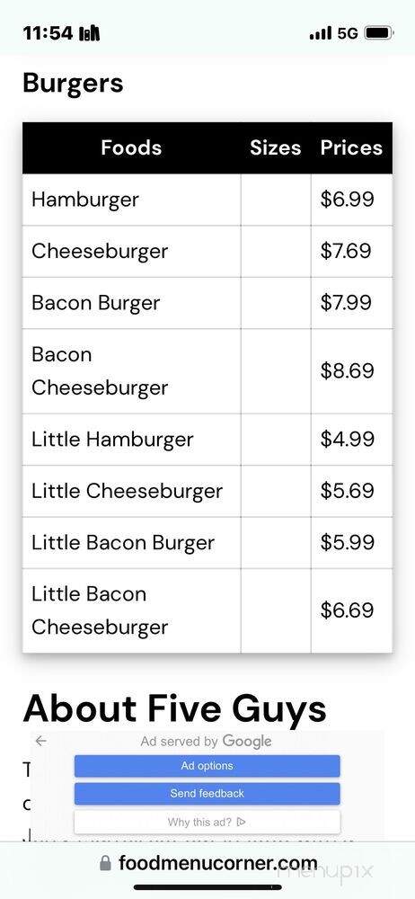 Five Guys - Nashville, TN menu_pic