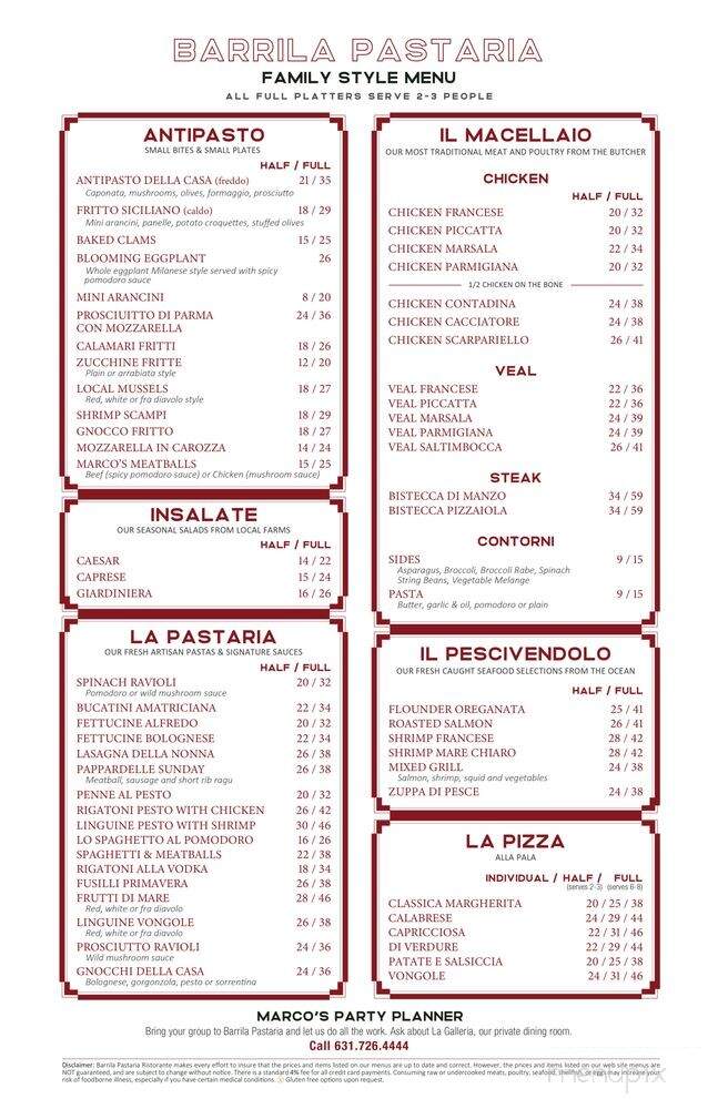 Barrila's Pastaria Ristorante - Riverhead, NY menu_pic