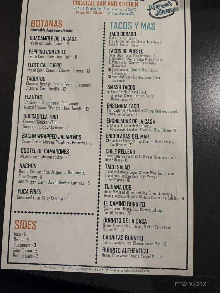 Franco's Famous Cocktail Bar and Kitchen - San Clemente, CA menu_pic