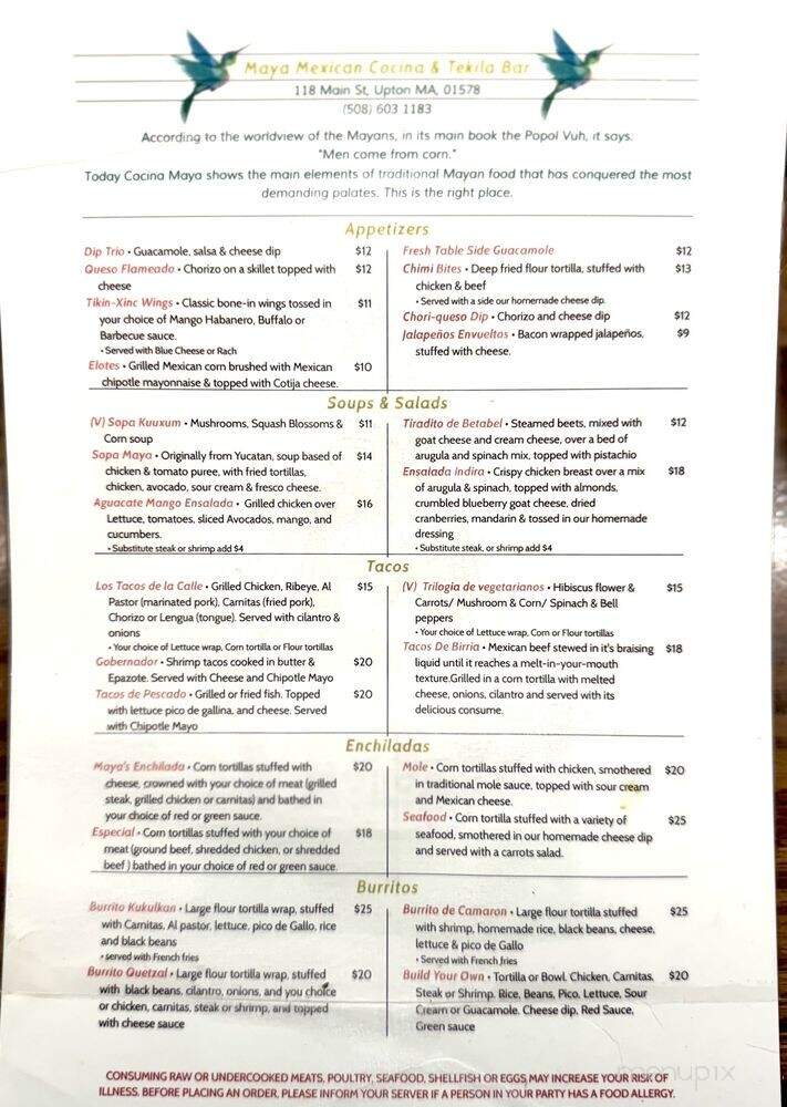 Maya Mexican Cocina & Tekila Bar - Upton, MA menu_pic