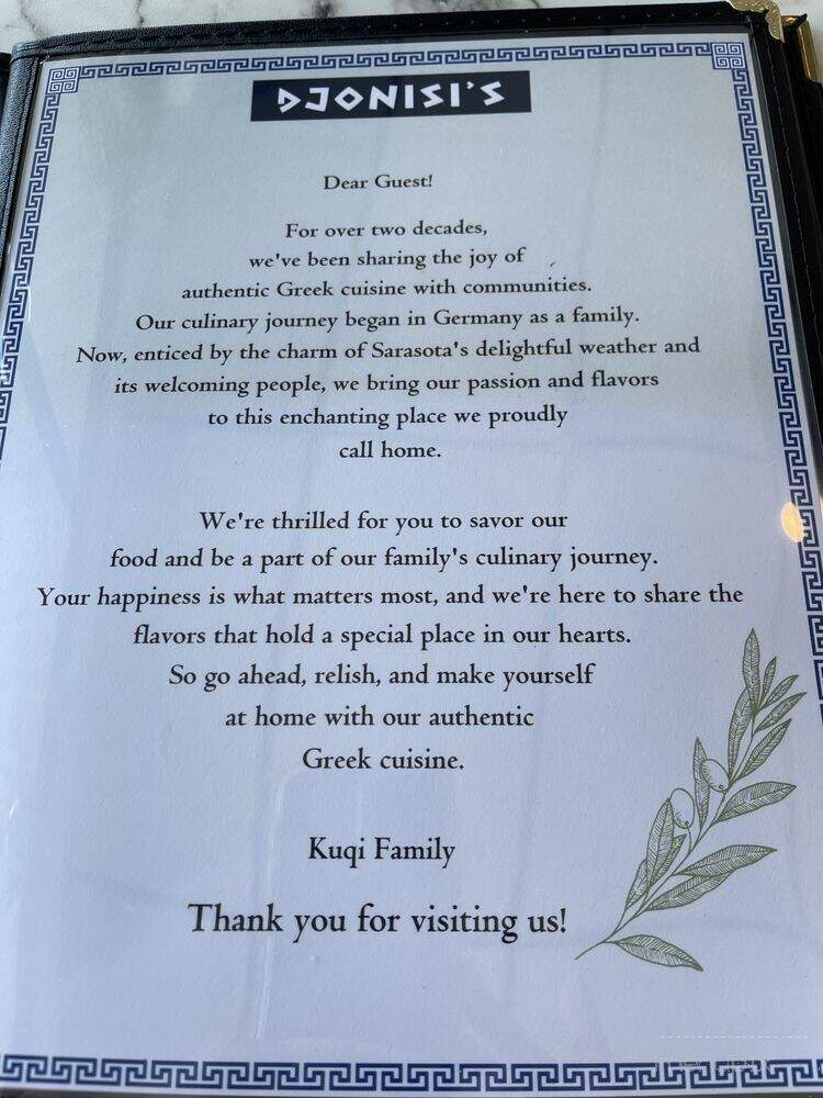 Djonisi's Restaurant - Sarasota, FL menu_pic
