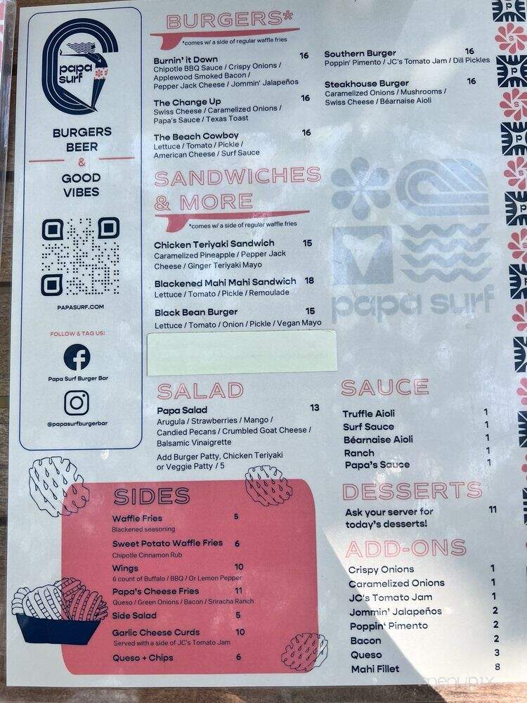 Papa Surf Burger Bar - Santa Rosa Beach, FL menu_pic