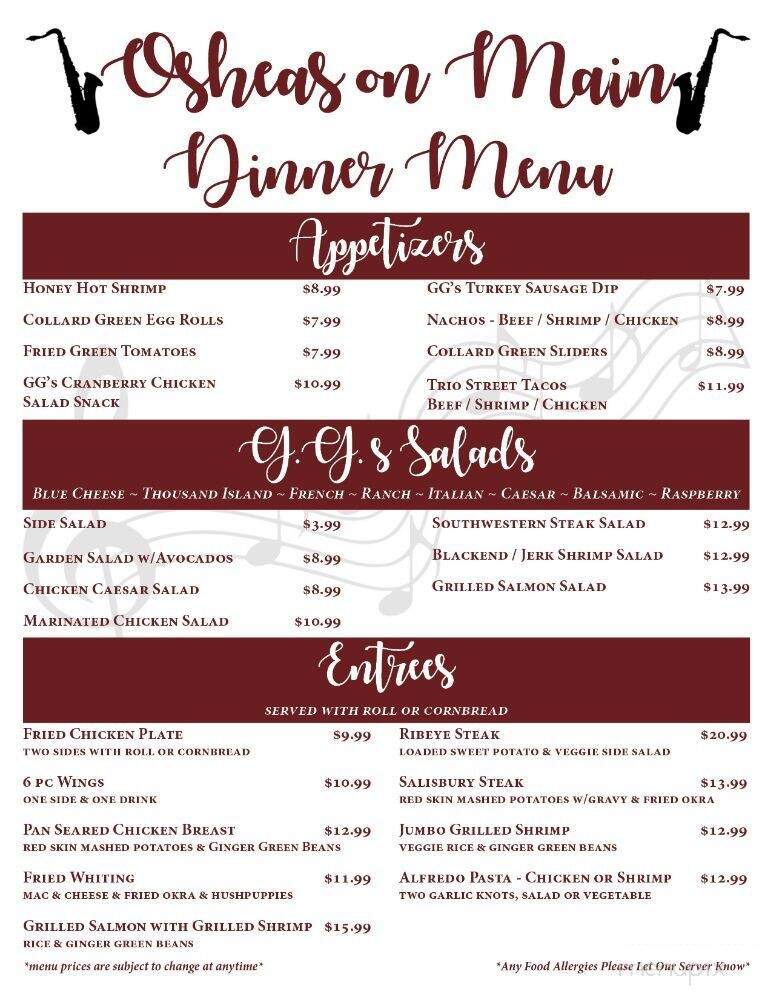 O Sheas on Main - Laurinburg, NC menu_pic