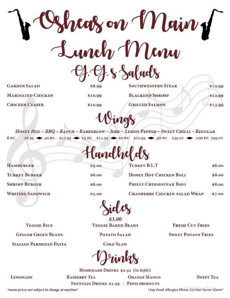 O Sheas on Main - Laurinburg, NC menu_pic
