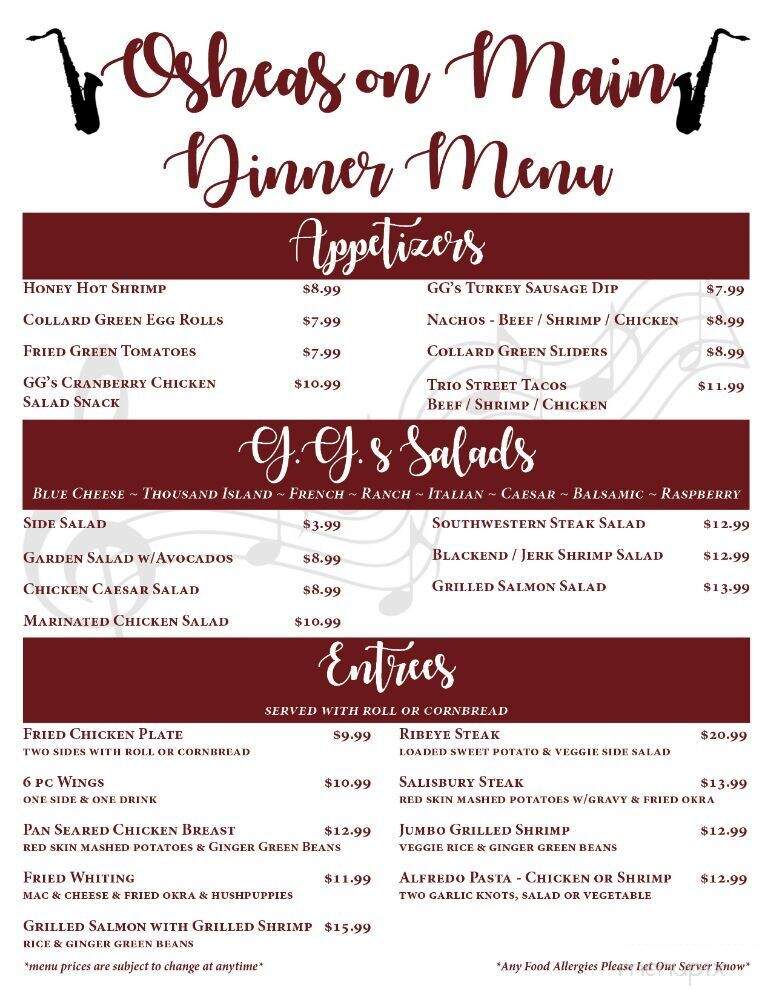 O Sheas on Main - Laurinburg, NC menu_pic