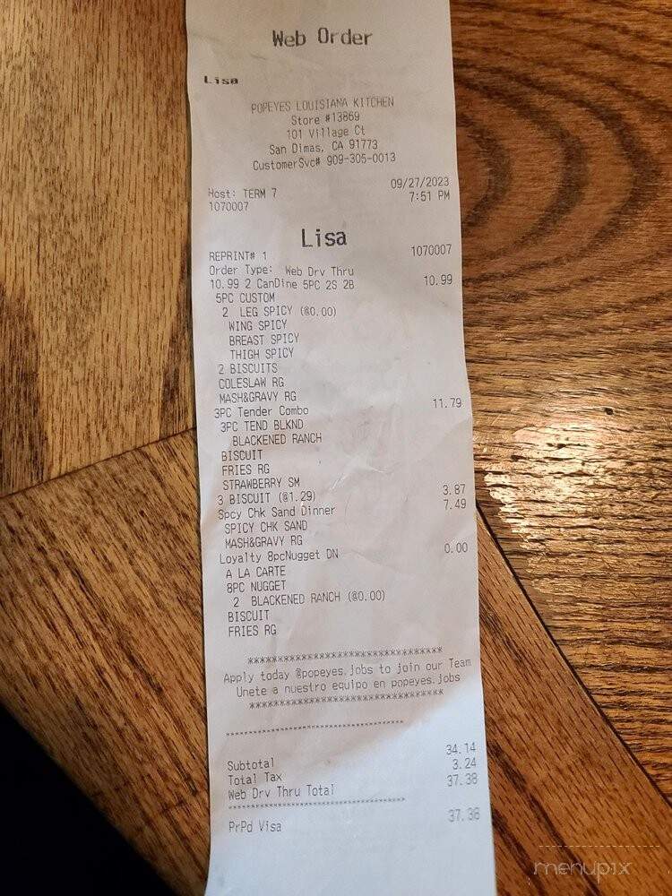 Popeye's Louisiana Kitchen - San Dimas, CA menu_pic