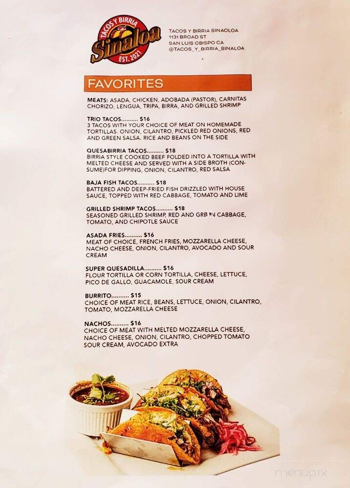 Tacos Y Birria Sinaloa - San Luis Obispo, CA menu_pic