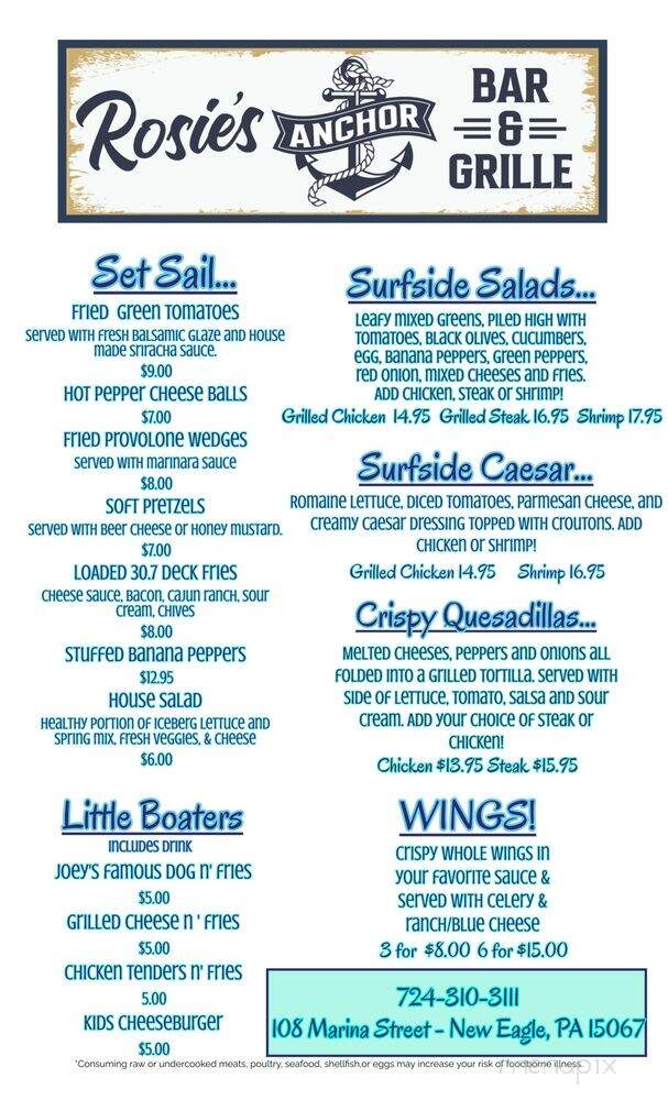 Rosie's Anchor Bar & Grille - New Eagle, PA menu_pic