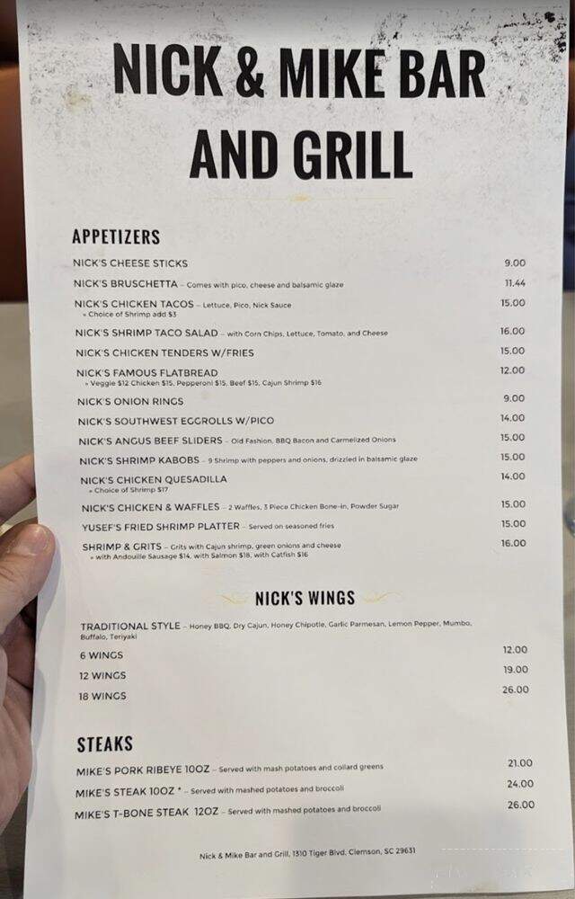 Nick and Mike Bar and Grill - Clemson, SC menu_pic