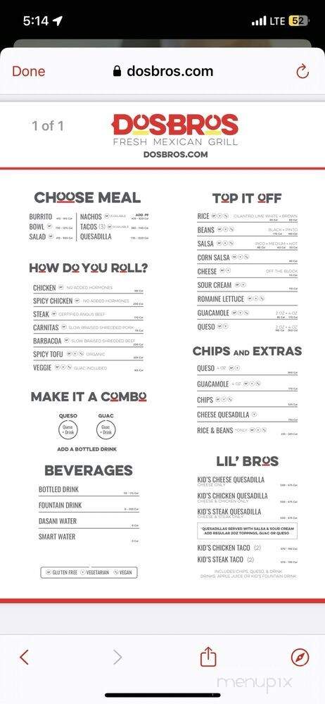 Dos Bros Fresh Mexican Grill - Chicago, IL menu_pic