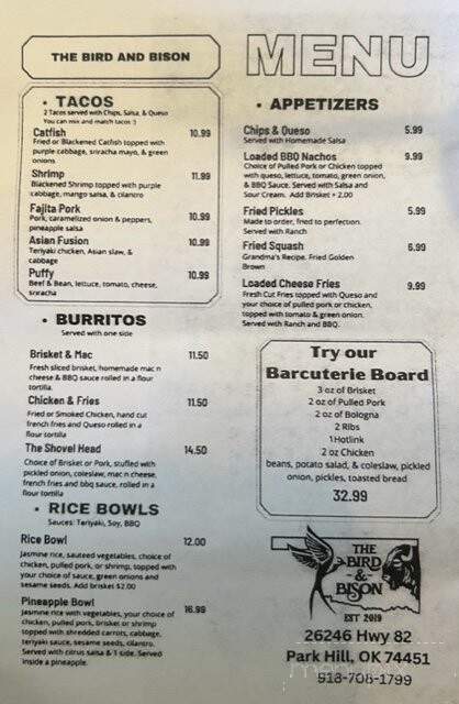 The Bird & Bison - Park Hill, OK menu_pic