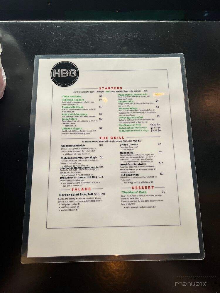 Highlands Bar & Grill - Louisville, KY menu_pic