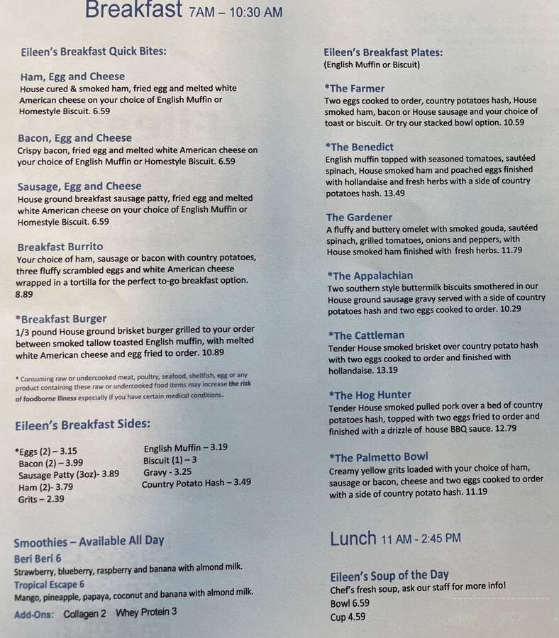 Eileen's Cafe at Wyboo - Manning, SC menu_pic