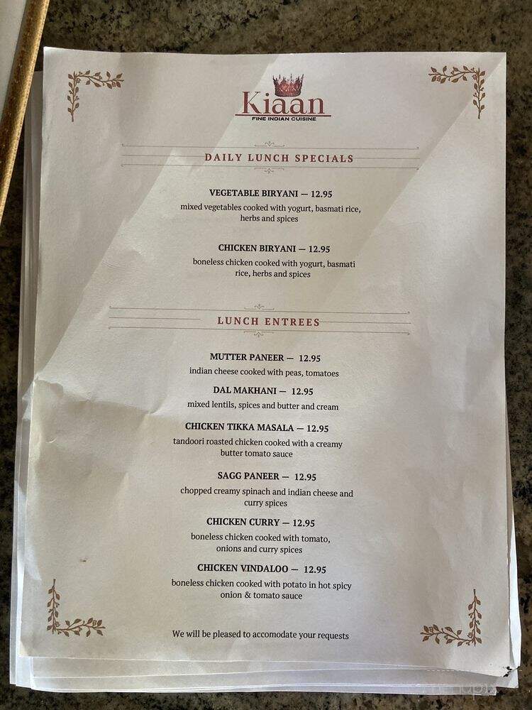 Kiaans Fine Indian Cuisine - San Clemente, CA menu_pic