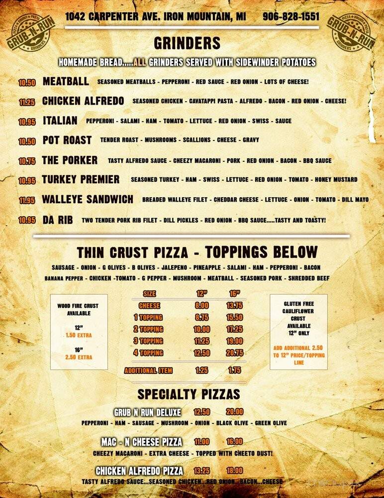 Grub N Run 906 - Iron Mountain, MI menu_pic