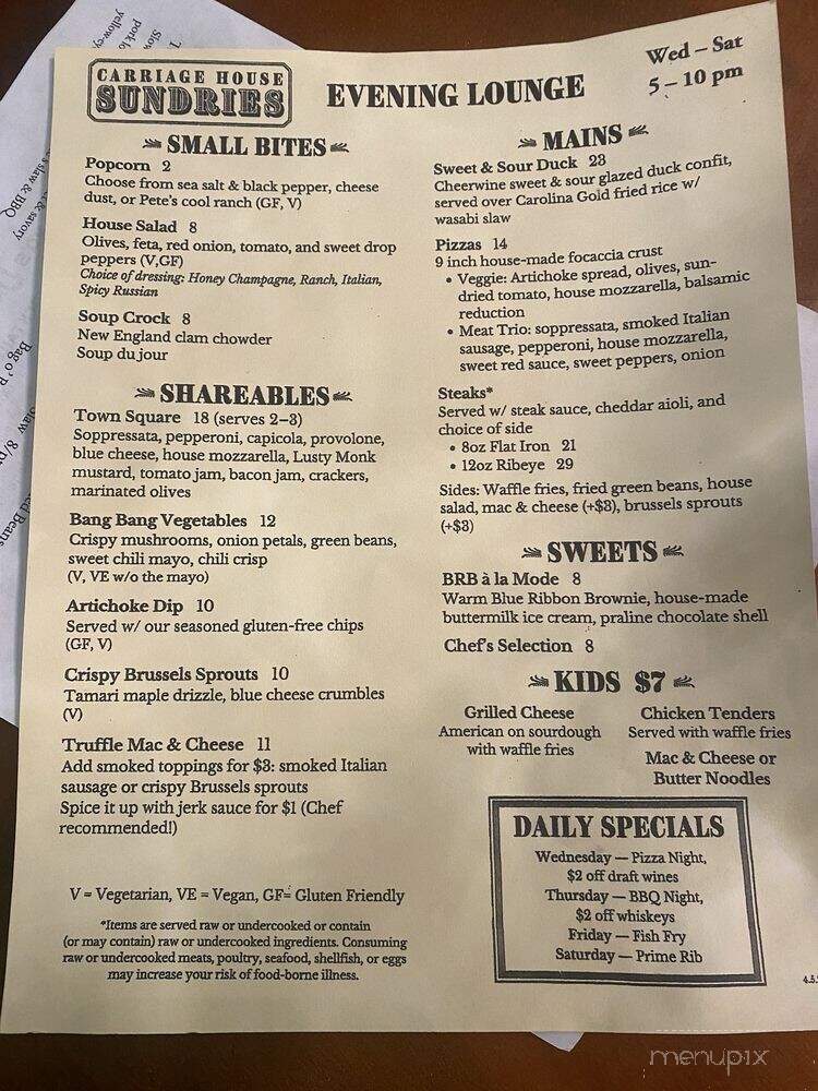 Carriage House Sundries - Burnsville, NC menu_pic