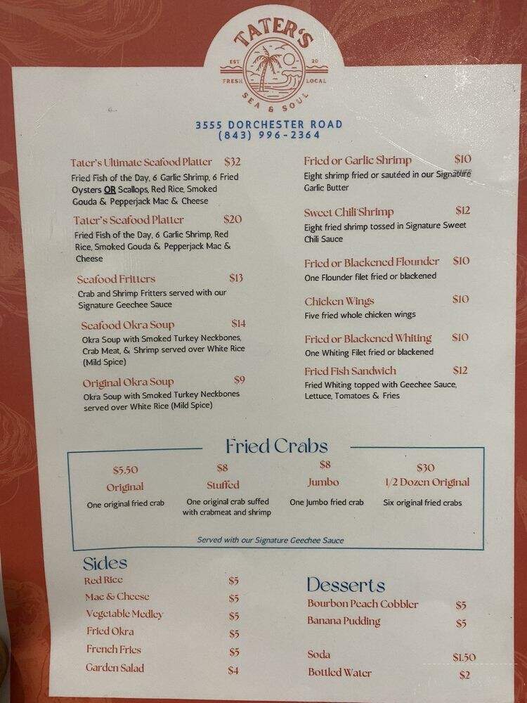 Tater's Sea & Soul - North Charleston, SC menu_pic