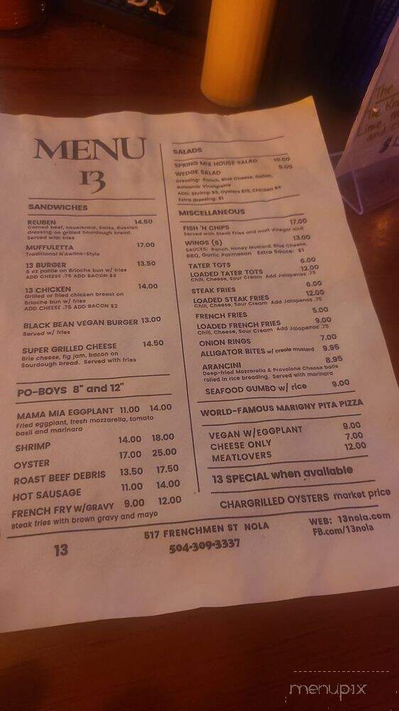 13 on Frenchmen - New Orleans, LA menu_pic