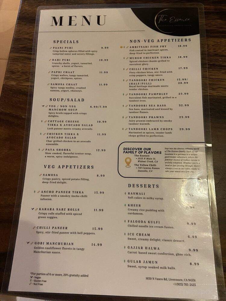 The Essence Redefining Indian Food - Livermore, CA menu_pic