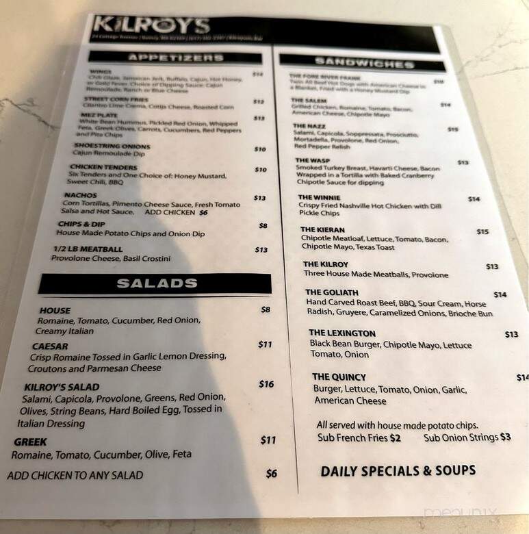 Kilroy's On The Square - Quincy, MA menu_pic