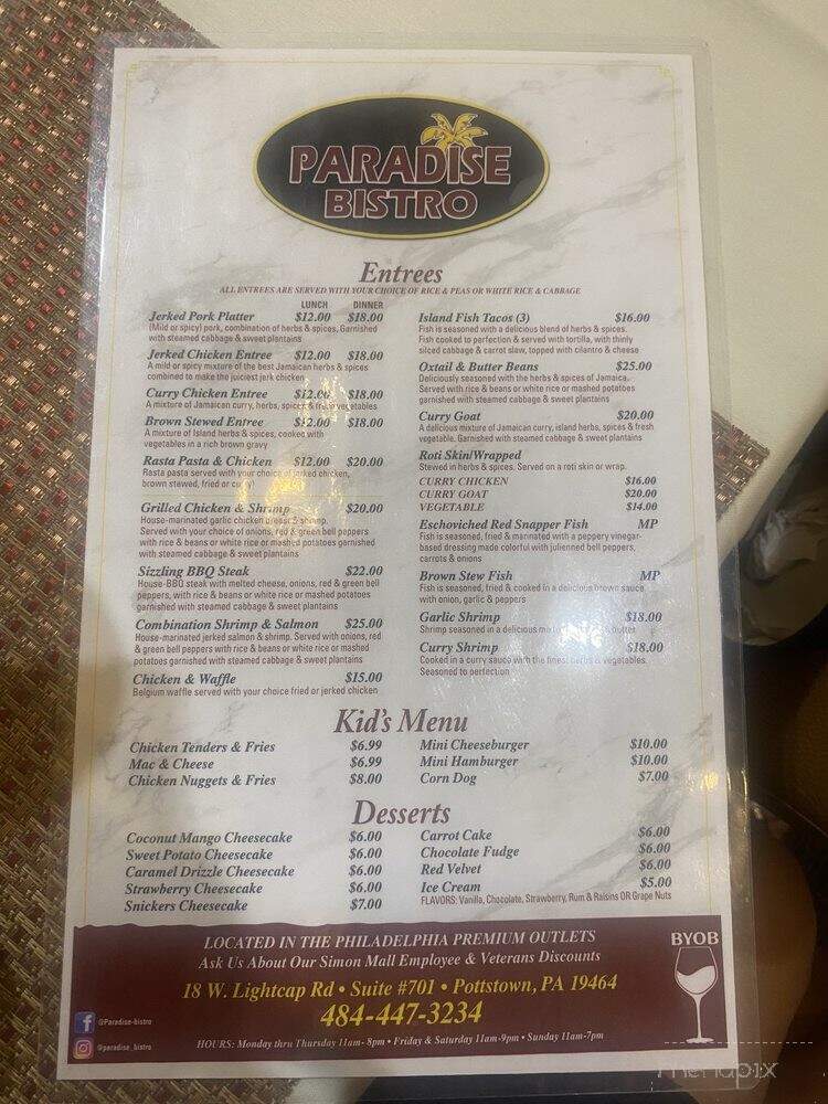 Paradise Bistro - Pottstown, PA menu_pic