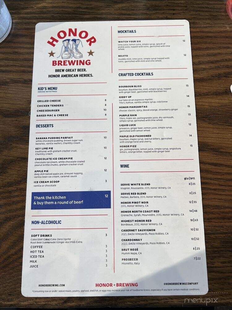 Honor Brewing Company - Sterling, VA menu_pic
