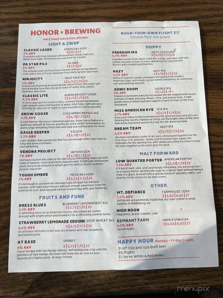 Honor Brewing Company - Sterling, VA menu_pic