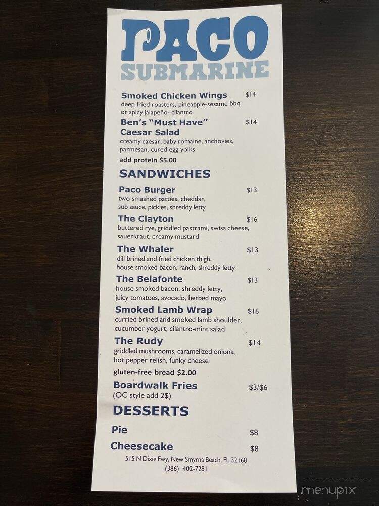 Paco Submarine - New Smyrna Beach, FL menu_pic