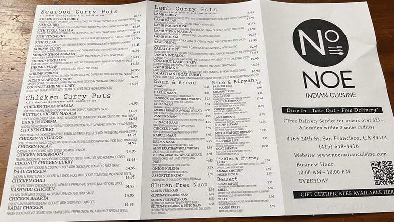 Noe Indian Cuisine - San Francisco, CA menu_pic