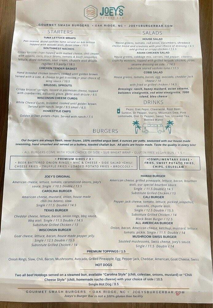 Joey's Burger Bar - Oak Ridge, NC menu_pic