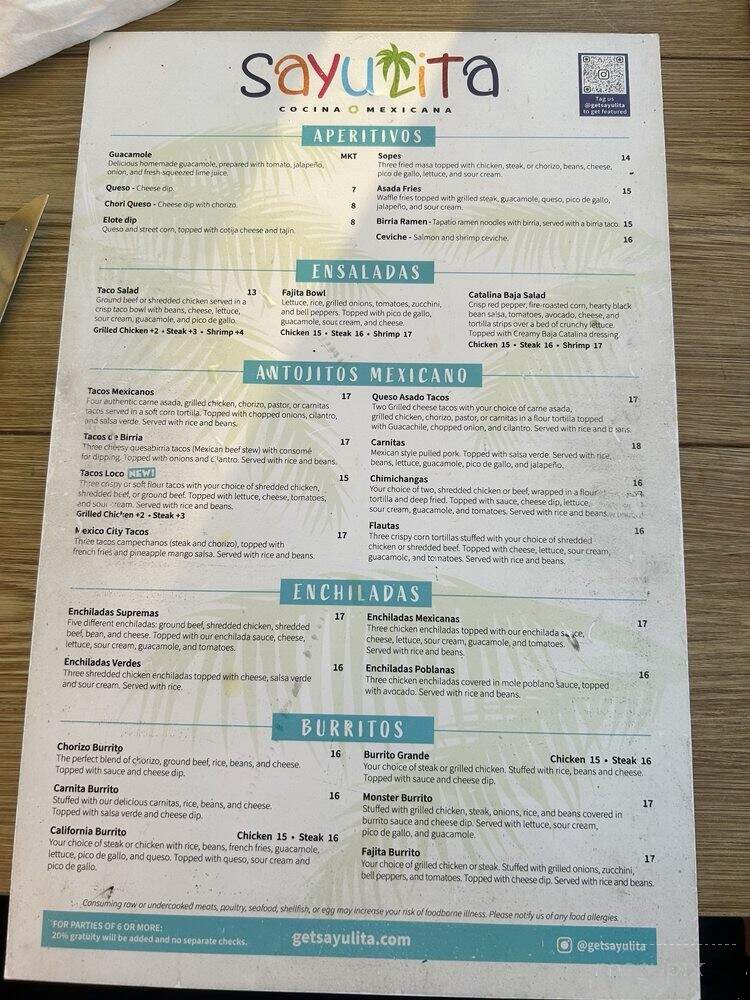 Sayulita Cocina Mexicana - Milford Charter Township, MI menu_pic