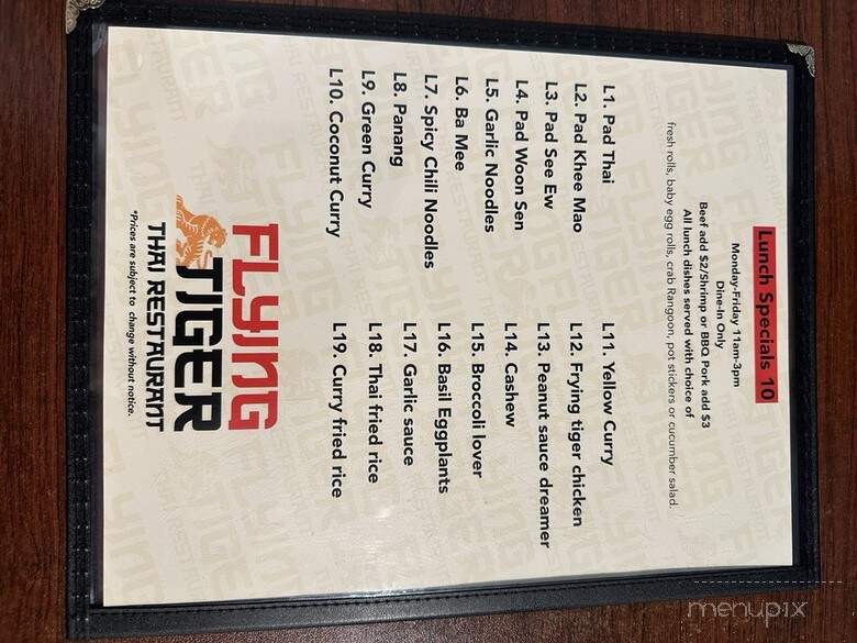 Flying Tiger Thai Restaurant - Castle Hills, TX menu_pic