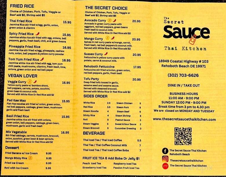 The Secret Sauce Thai Kitchen - Rehoboth Beach, DE menu_pic
