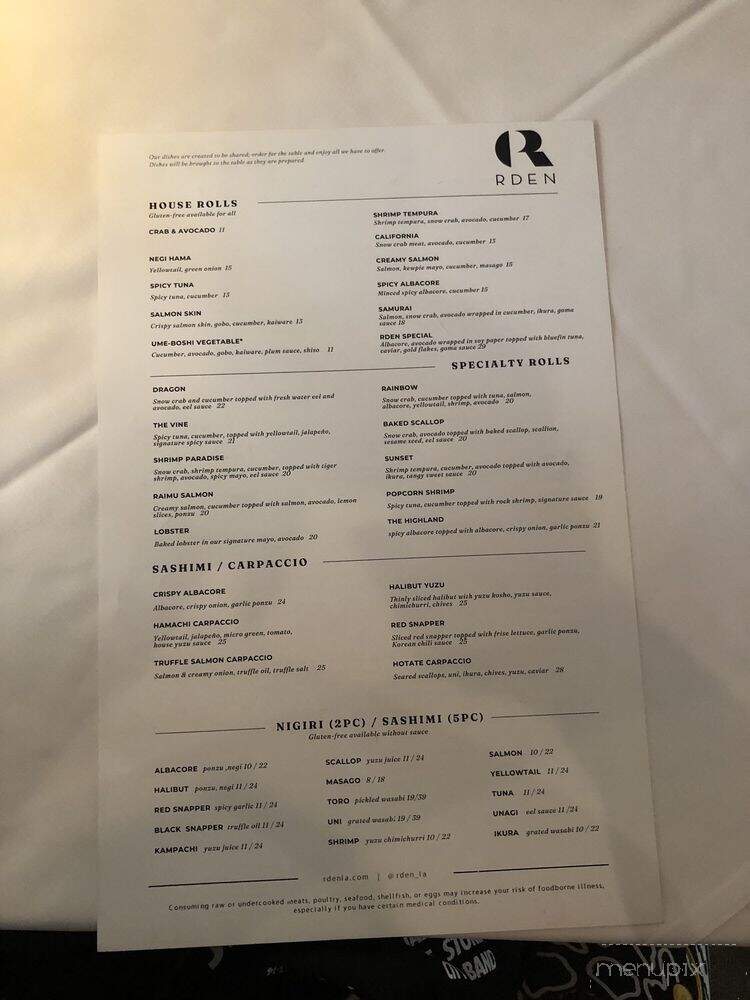 RDEN Bar & Restaurant - Los Angeles, CA menu_pic