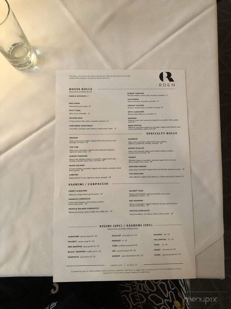RDEN Bar & Restaurant - Los Angeles, CA menu_pic