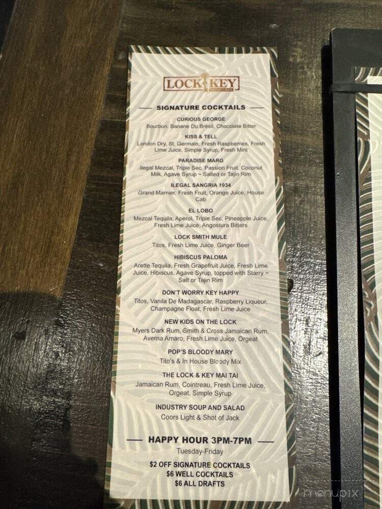 The Lock & Key Tapas + Bar - Sacramento, CA menu_pic