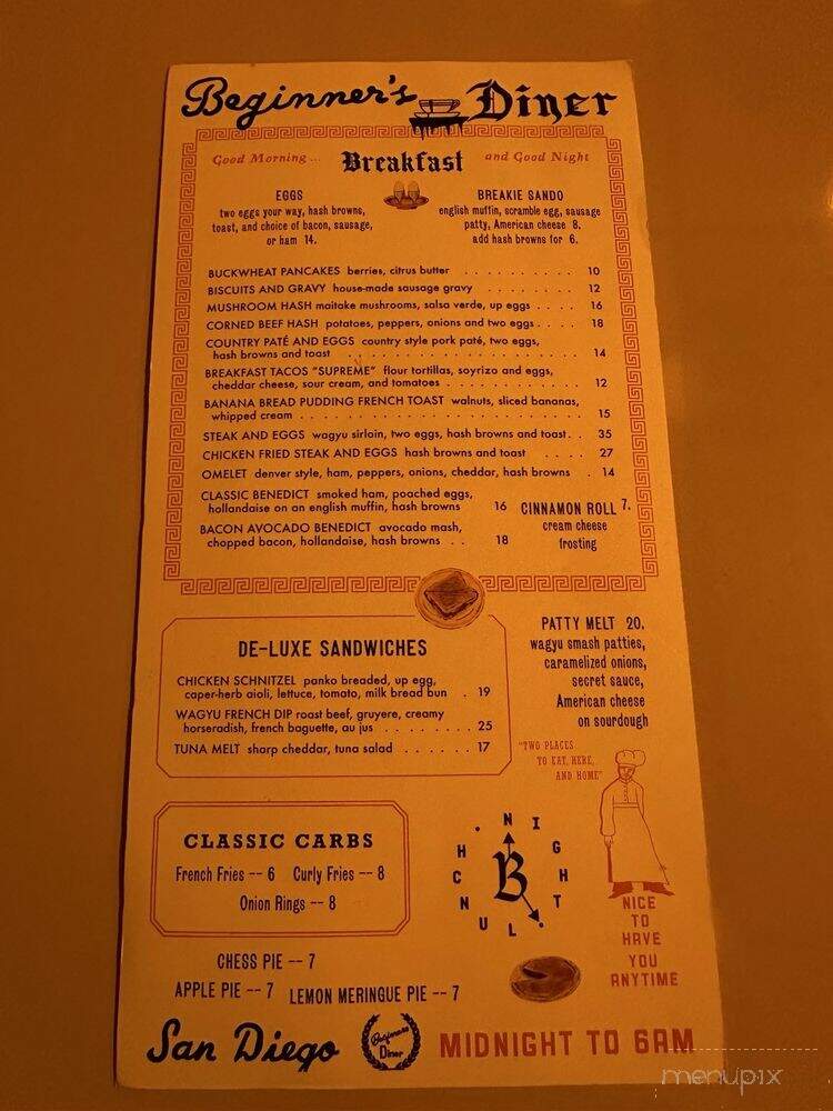Beginners Diner - San Diego, CA menu_pic
