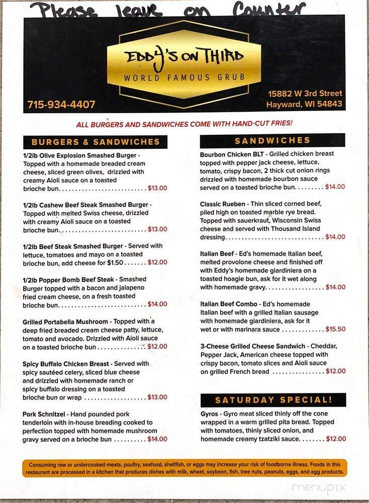 EDDY's on Third - Hayward, WI menu_pic