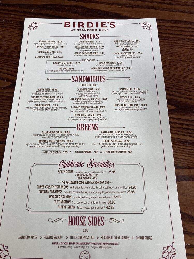 Birdie's at Stanford Golf - Stanford, CA menu_pic