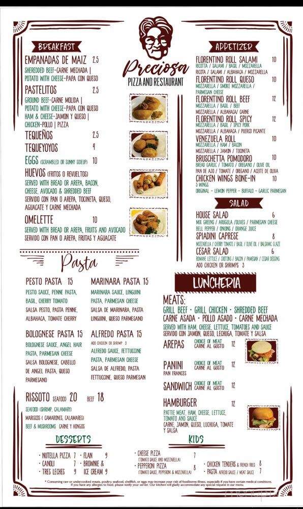 Preciosa Pizza - Dallas, TX menu_pic