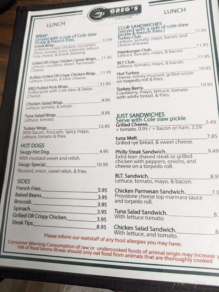 Greg's Breakfast & Lunch - Cranston, RI menu_pic