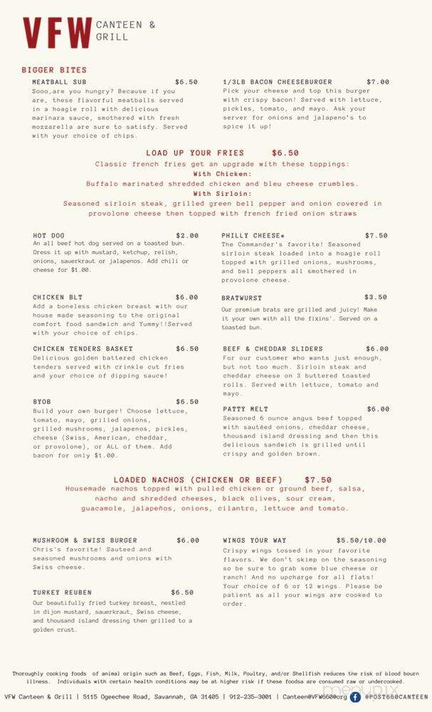 VFW Post 660 Canteen & Grill - Savannah, GA menu_pic