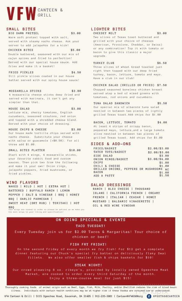 VFW Post 660 Canteen & Grill - Savannah, GA menu_pic