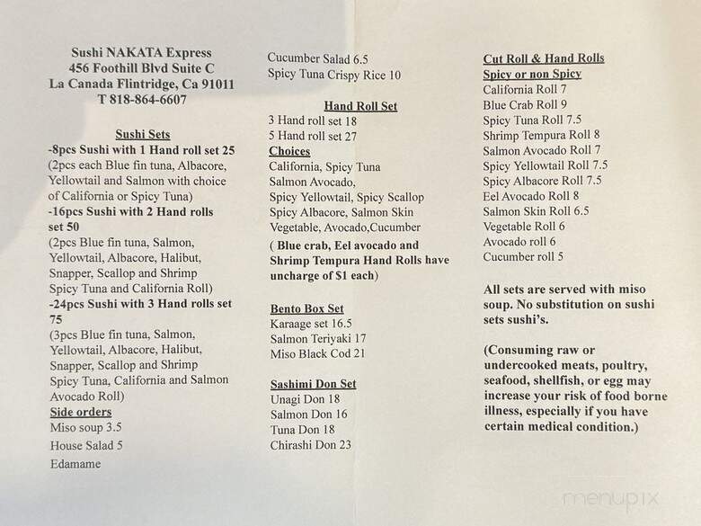 Sushi Nakata Express - La Canada Flintridge, CA menu_pic