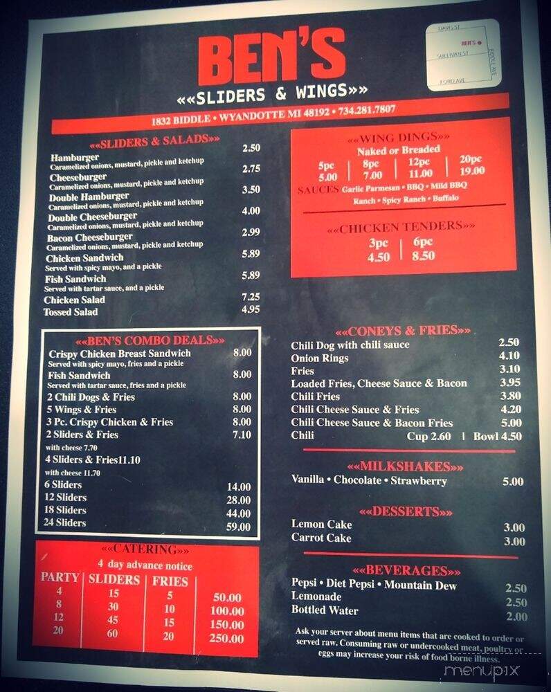 Ben's Sliders & Wings - Wyandotte, MI menu_pic