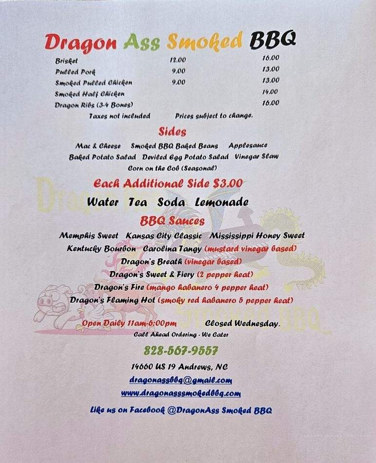 DragonAss Smoked BBQ - Andrews, NC menu_pic